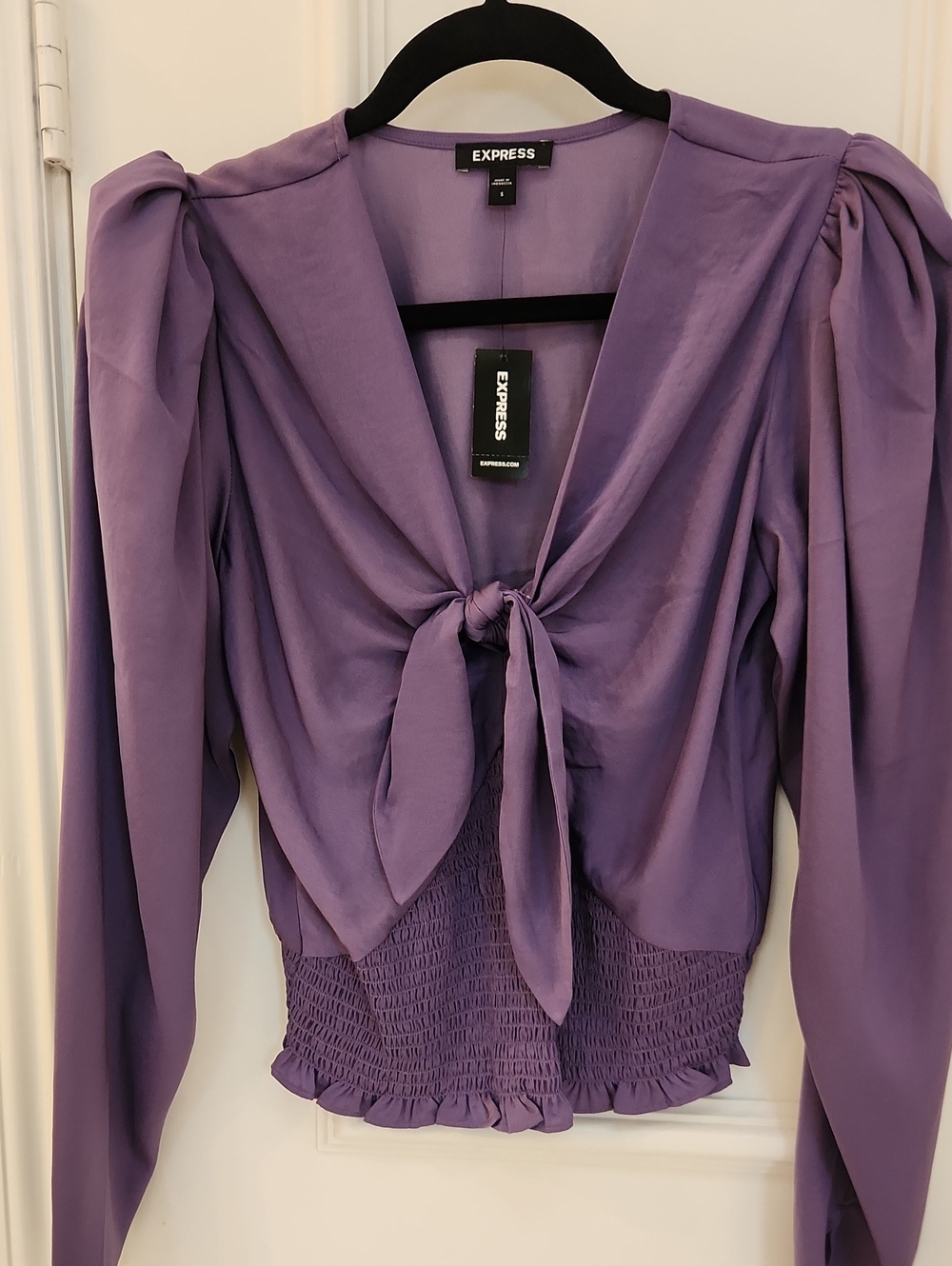 Express Lavender Tie-Front Long Sleeve Blouse